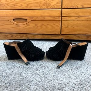 Lucky Brand Jeena Black Suede Fringe Wedge Sandals